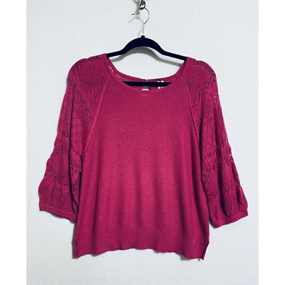 Anthropologie Sweater Womens Small Pointelle Knit 3/4 Sleeve Pink Cotton Boho